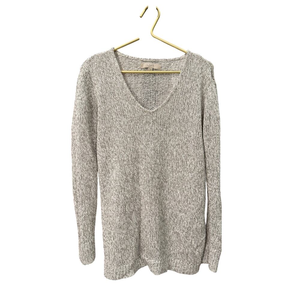 LOFT Brown White Marled Boucle Knit V-Neck Sweater M Relaxed Fit 469417 - Picture 3 of 7